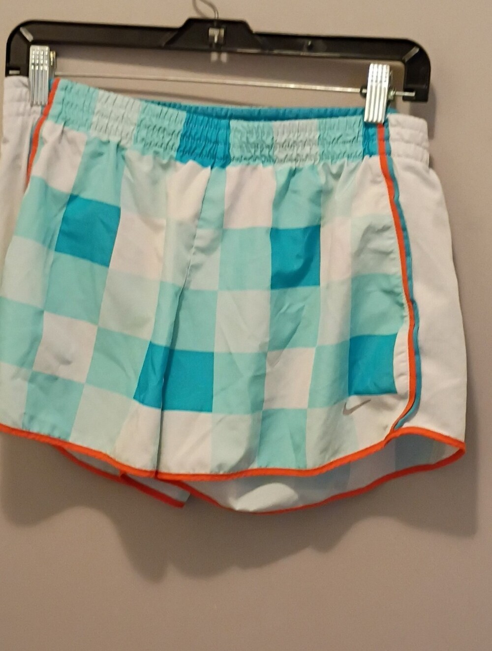 Nike Women’s Turquoise and White Check Athletic Shorts with Orange Trim Size L